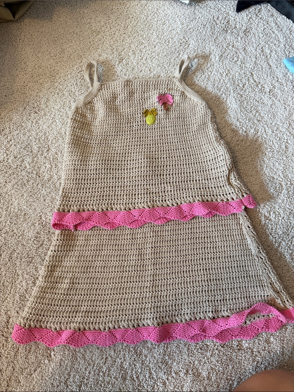 Beige Crochet 2 piece with Pink Trim and Fruit Appliqués